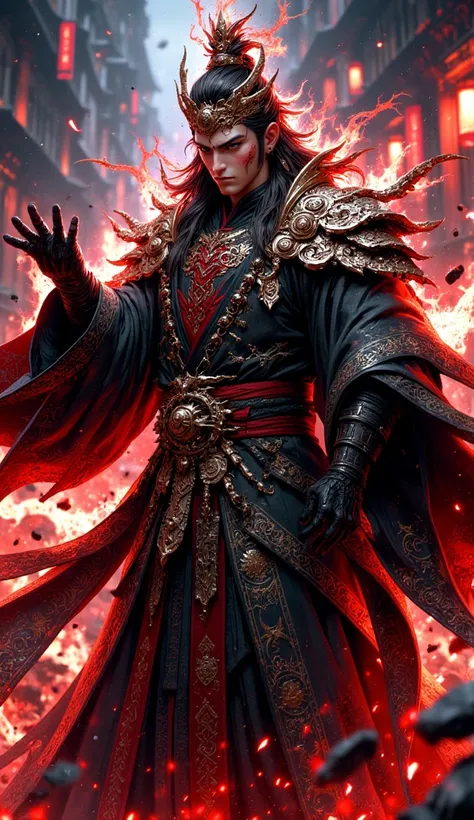 a most powerful handsome Young Chinese immortal cultivator very powerful Evil aura emanating around him so powerful that surrounding space is shattering because it cant bear this magnificent majestic aura of immortal cultivator, wearing black Taoist Robe a...