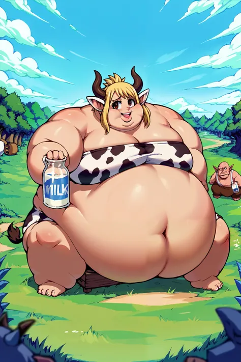 Girl becoming a monster, becoming a troll, fat, chubby, obese, cow print tube top, cow horns, cow tail, lucy heartfilia, fairy tail, blonde hair, brown eyes, big ears, big nose, big lips, 900 pounds, 10 ft tall, hunchback, broad shoulders, big belly, grass...