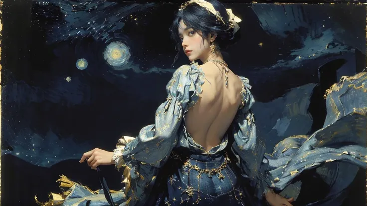 (( Best Quality )), Wrapped with jewels  ，((masterpiece)),A girl with a back ，  dark blue hair ， big eyes， upper body，skirt ，（ Nicola Fisching ），(Fitted cloth  ， Fisher, )，  in the background is Van Goghs starry sky