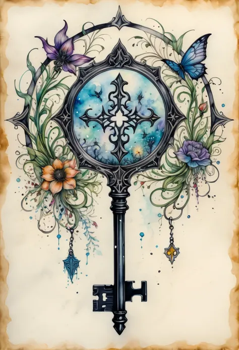 A key, with mystical and fictional details ， ink and watercolor on parchment.  in the center of a fantasy field ,  Tattoo. Gothic Aesthetics . Provocative.