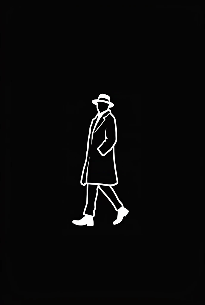 Draw me a white outline of a man in a coat with a hat walking a just slightly a little bit to the side on a black background
