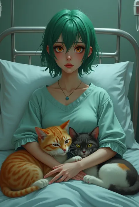 Woman wearing patient dress, short green hair, sad orange eyes, necklace hugging 2 fat cats in bed