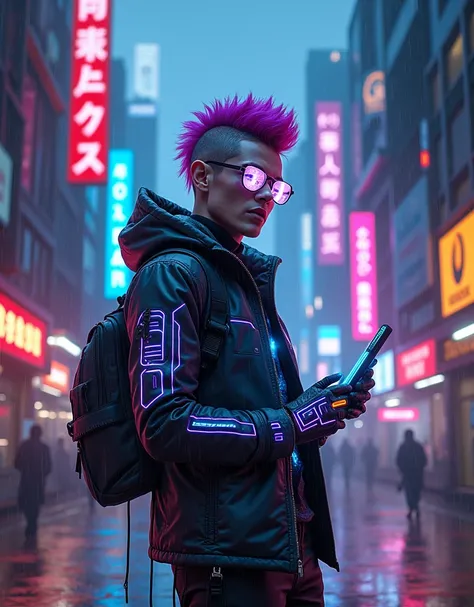 "Design a t-shirt featuring a striking cyberpunk character standing in a rainy, neon-lit alley. The character, wearing a futuristic jacket with digital patterns, has glowing cybernetic enhancements on their arms and eyes. Their hair is styled in an edgy, n...