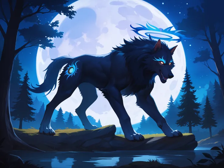 A double exposure style oil painting of a werewolfs silhouette against a glowing full moon. The werewolfs figure is textured with dynamic brushstrokes, blending shadowy grays and deep blacks. Within the silhouette, a dense, moonlit forest comes alive with ...