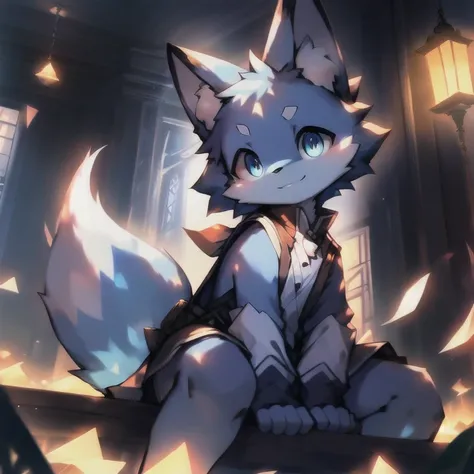 night，In an empty room，fox，male，( blue fur:1.4)， meticulous eyes,  blue eyes ， with a smile，尖尖的fox耳朵，The front half of the tail is as light blue as the body， The back half of the tail is white，Sitting， unique ，(side view:0.6)，masterpiece,  Best Quality ，( ...