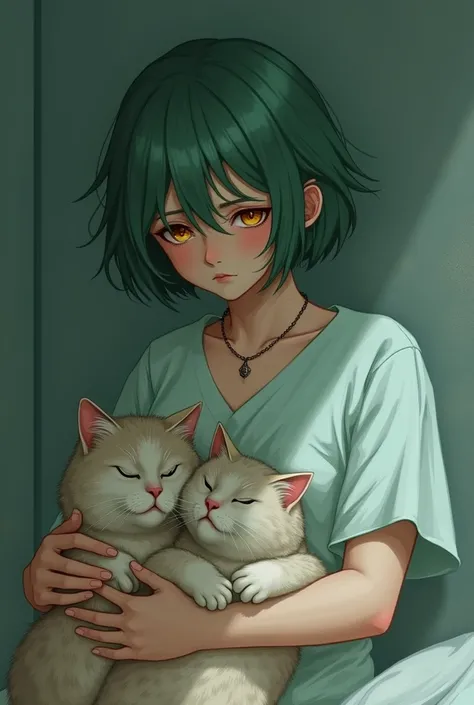 Woman wearing patient dress, short green hair, sad orange eyes, necklace, hugging 2 fat cats