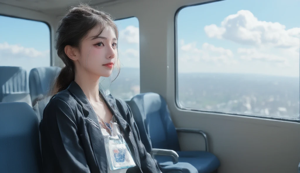 beautiful, sweet, cute Korean woman, kpop idol, wearing office attire, black blazer and white uniform, and wearing an ID card tied around her neck with a string, sitting on an electric train seat with the interior of an electric train carriage in the backg...