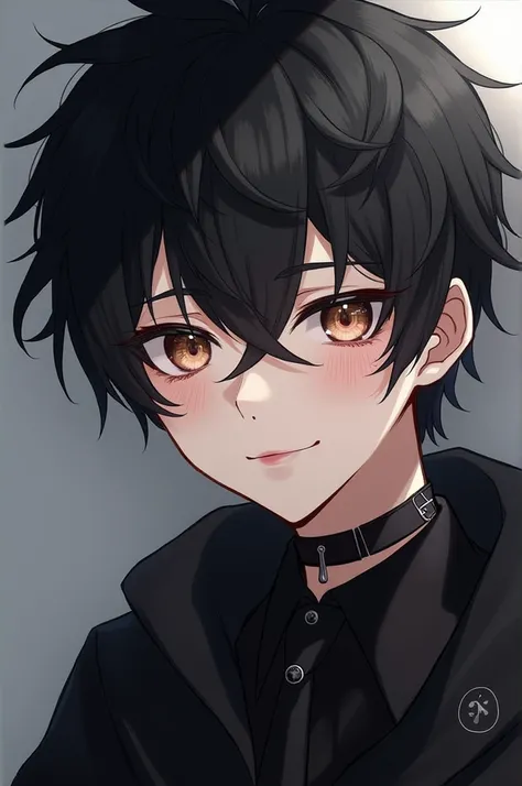 Black hair goth guy with a soft smile. He blushes a little bit as he looks at the camera. He’s looking at his crush