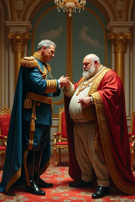 general kisses the hand of a rich fat man