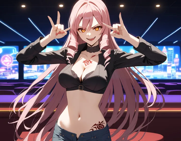 1girl, solo,
score_6, score_7, score_8, score_9,
 pink hair, long hair, drill hair, orange_eyes, yellow_eyes, midriff, navel, cleavage, smirk, FullyExposedStomach, midriff, navel,
(toned_body:0.8),  bar
background, inside bar,indoors, cityscape, casino, ni...