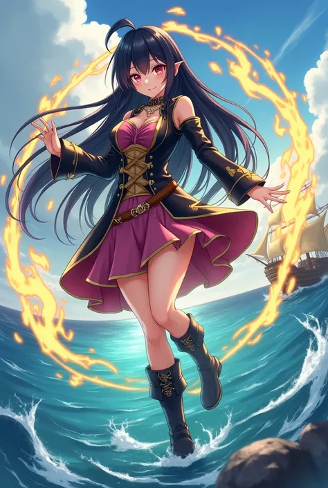 A powerful anime-style female character with long, flowing black hair and glowing eyes. She has an aura of omnipotence, represented by swirling golden and dark energy around her hands and body. She wears a black and pink pirate-style outfit with gold detai...