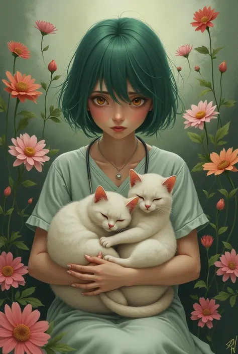 Woman wearing patient dress, short green hair, sad orange eyes, necklace, hugging two fat cats cuddling in the middle of flowers