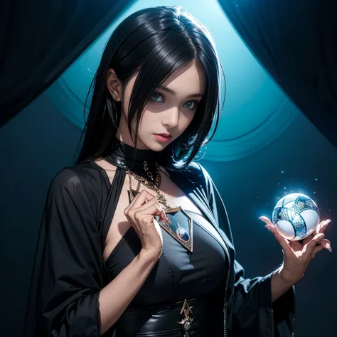 Young woman,Saeki Kaori, classmate, occult enthusiast, mysterious, black magic, fortune teller, long black hair, fashionable and unique, dark attire, mysterious atmosphere, magical props (e.g., tarot cards, crystal balls), ritualistic vibe, confident expre...