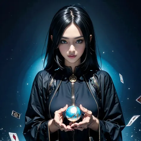 Young woman,Saeki Kaori, classmate, occult enthusiast, mysterious, black magic, fortune teller, long black hair, fashionable and unique, dark attire, mysterious atmosphere, magical props (e.g., tarot cards, crystal balls), ritualistic vibe, confident expre...