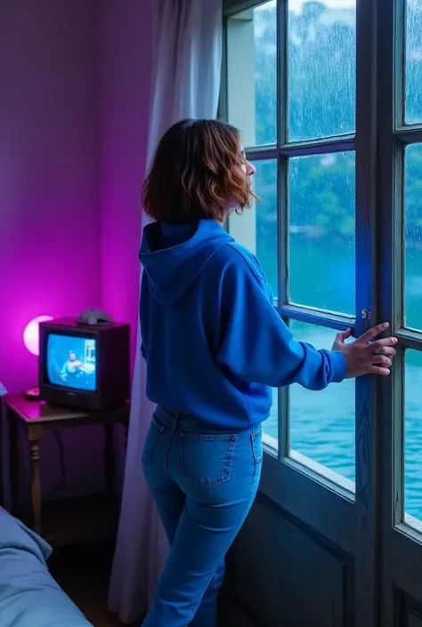 "A cozy and cinematic bedroom with a dark, rainy atmosphere, featuring A woman medium boobs with short wavy auburn hair, wearing a lush blue hoodie and fit jeans, The room is illuminated by moody neon lights in shades of deep purple and soft green, casting...