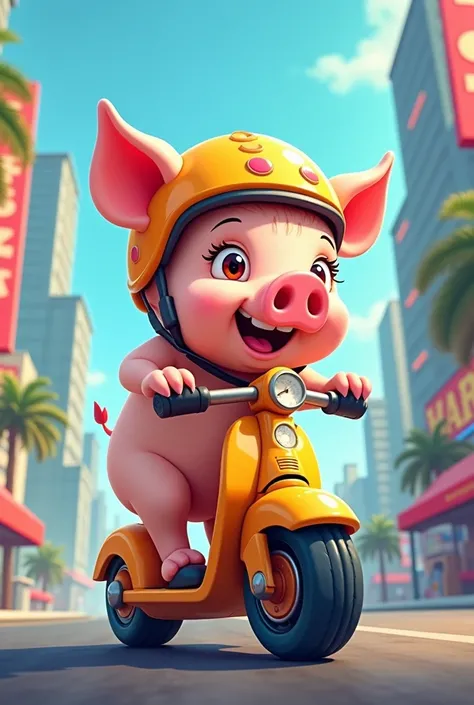 Pig riding a track scooter

