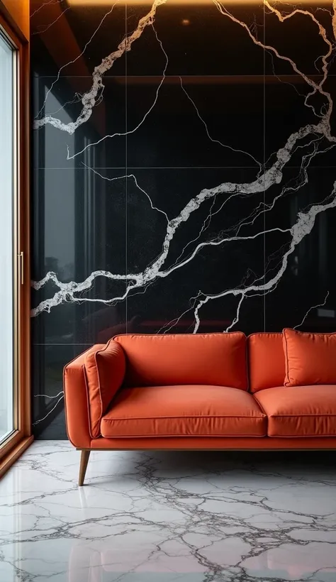 "A modern, minimalistic interior featuring a luxurious black marble wall with bold, natural white veins. The floor is polished luxury marble, complementing the rich texture of the wall. In the foreground, a stylish, modern luxury sofa with smooth upholster...