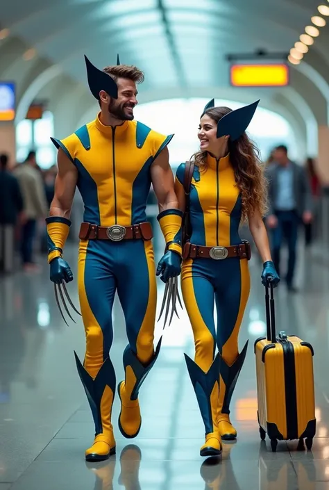 A 20-year-old male ,wearing a wolverine costume  dan seorang perempuan umur 20 tahun,wearing a wolverine costume ,facial expression is smiling,walk together,airport room background ,man walking ,realistic image,HD quality