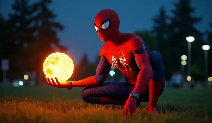 featuring a superhero character spiderman in a crouched position on a grassy field at night. The character is wearing a red and blue suit with a web pattern and a prominent white spider emblem on the chest. The suit is form-fitting, highlighting the charac...