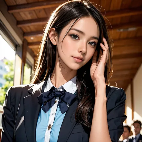 Beautiful girl,Shiraki Rika, student council president, noble, elegant, high school uniform, long hair, black or dark brown hair, delicate features, gentle smile, popular, admired by boys, refined facial features, school setting, formal pose, confident pos...