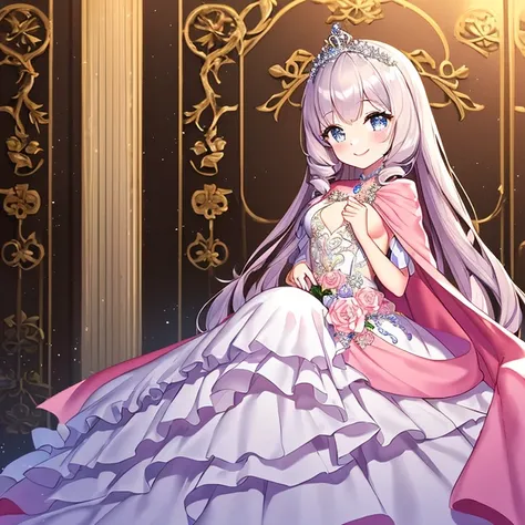 (solo), kawaii, masterpiece, best quality, rococo style gown, (long train pastel pink cape:1.15), (long train white ball gown:1.1), (long train skirt:1.1), gown with flower decorations, a princess is wearing a long cape over her gown, 1 little princess, ti...