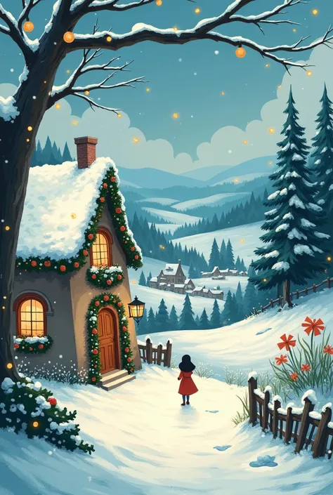 I want a beautiful landscape with Christmas decorations in Ghibli style I also want a phrase written in Portuguese Good morning