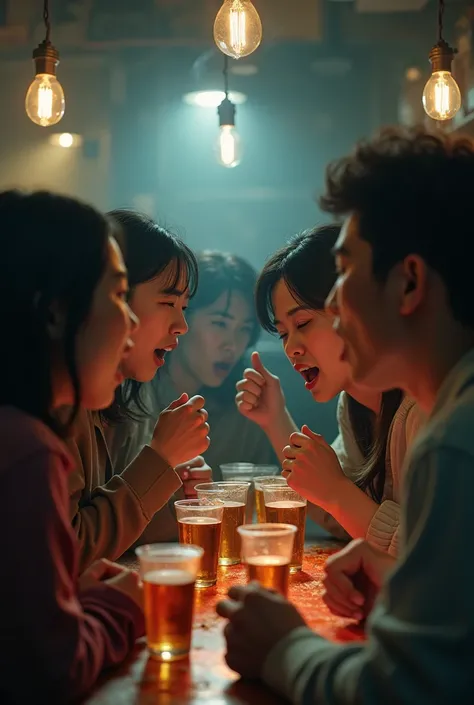 Korean men and women gathered in a group to drink high-alcohol while getting angry