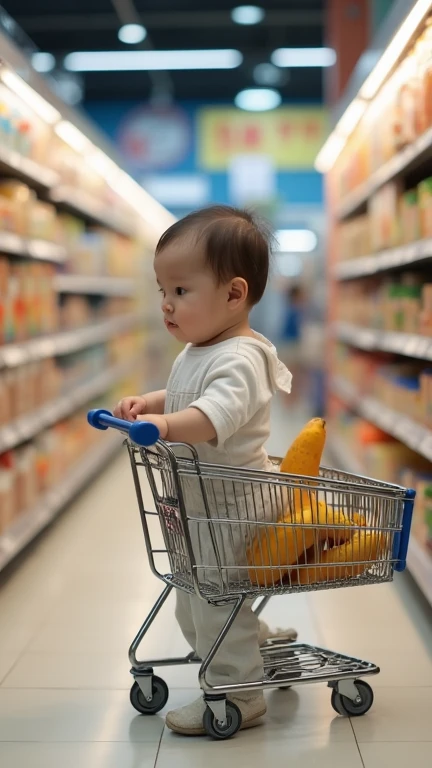  A newborn Japanese baby is shopping at the supermarket。There are also baby customers shopping around 　 high definition 、 top quality、 real　 Real Photos　8k　 high definition , 　 supermarket 　 shopping　have a shopping cart