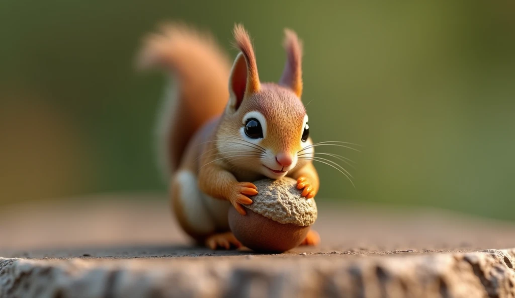 A miniature squirrel, the size of a thimble, clinging to an acorn. High-quality photorealistic 3D render, showcasing intricate details.