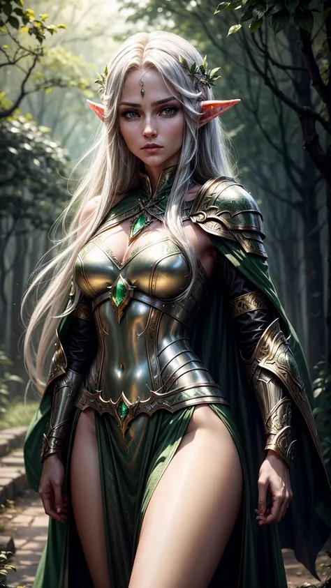 Realistic, highly detailed, cinematic. A beautiful female High Elf fighter from D&D, with long, flowing golden hair and piercing emerald eyes. She wears finely crafted silver and gold armor with intricate elven engravings, accented with elegant shoulder gu...