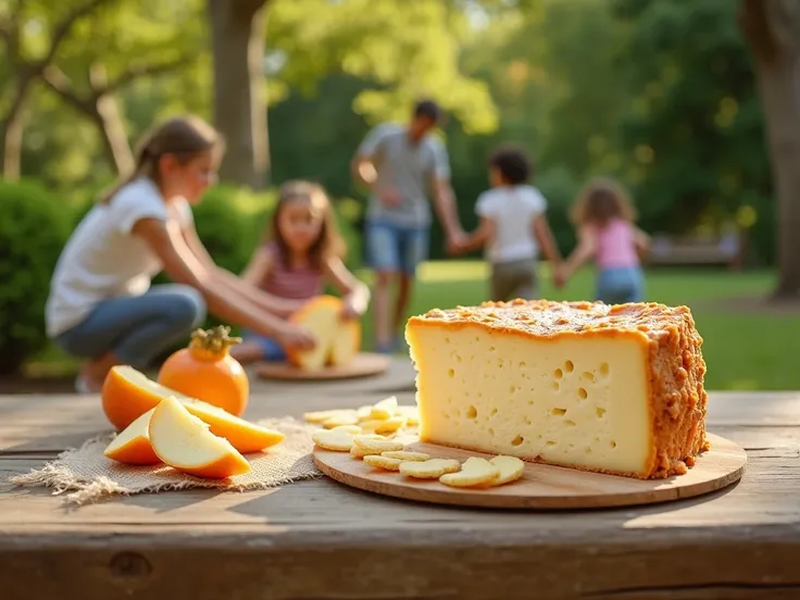 Fromage végétale à base damandes avec étiquette dont logo Mams et slogan "L’amande réinvente le fromage", posé sur une table en bois dans un jardin où il y a des enfants de différentes races qui jouent avec leurs parents et qui rient, avec un fond montrant...