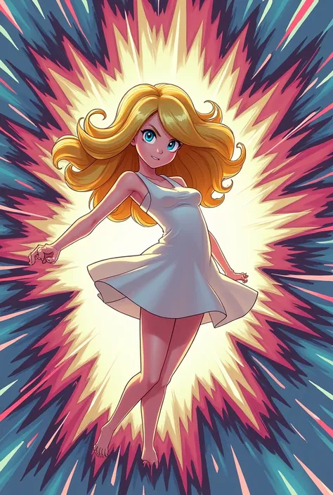 A 2D illustration of Lillie, a Pokémon trainer, bursting out of a trading card. The card is cracking and bending as she emerges, her iconic white dress and blonde hair flowing outward. Lillie’s determined expression is captured in sharp, clean lines, while...