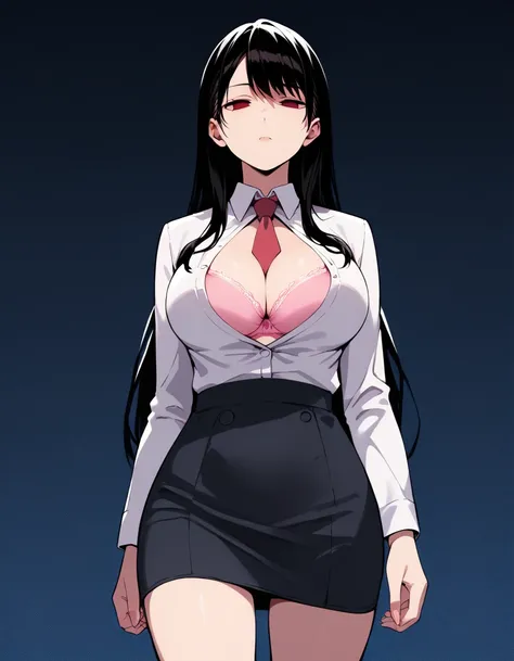 Masterpiece,source_anime,A Solo matured woman,looking straight forward,black hair,straight long hair,large breast,business jacket,shirts,neck tie,(pink lace underwear),unbuttoned,cleavage,pink bra,walking,dazed,BREAK,red eyes,empty eyes,half closed eyes,ex...