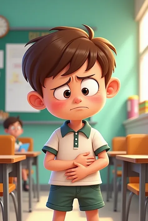 Cartoon Boy in school dress, Crying coz of stomach pain 