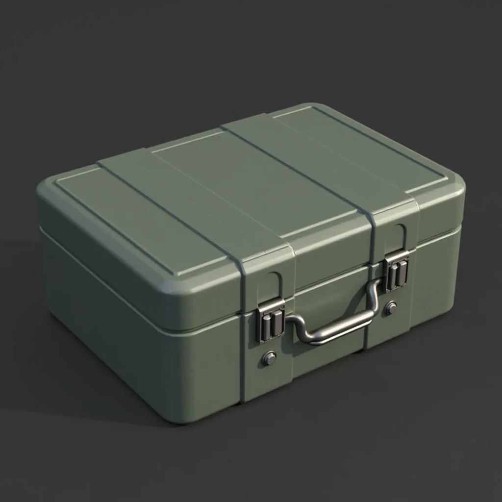 (masterpiece, top quality, best quality, official art,beautiful and aesthetic:1.2),(4K,8k, best quality,masterpiece:1.2),(((white background))), Alone,military green iron box， closed，metal case ，Top view，High-quality texture， clear and accurate constructio...