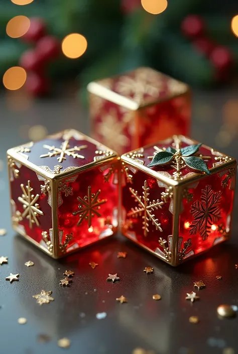 masterpiece,  top quality,  super detailed reality,  cube dice , 3 dice ,  Christmas theme ,  ray tracing 