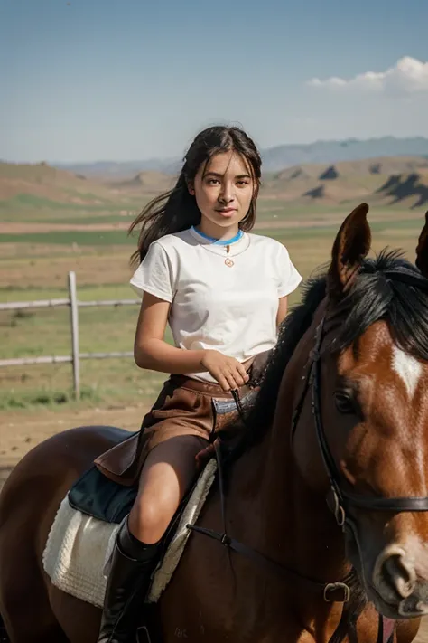 A portrait of the British teenage girl with an European face in Mongolia on a horse