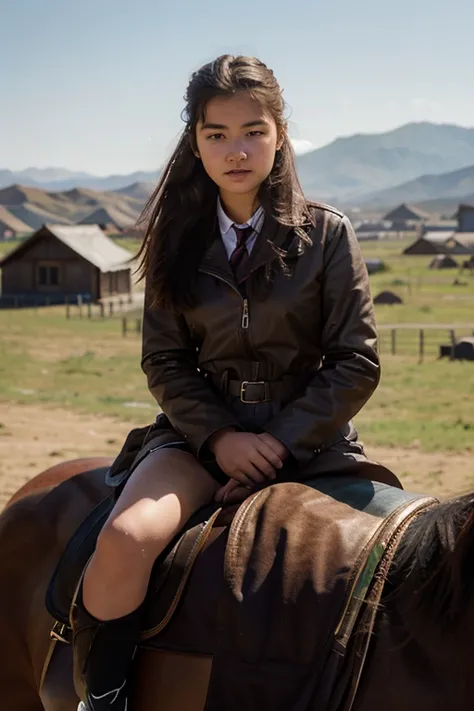 A portrait of the British teenage girl with an European face in Mongolia on a horse