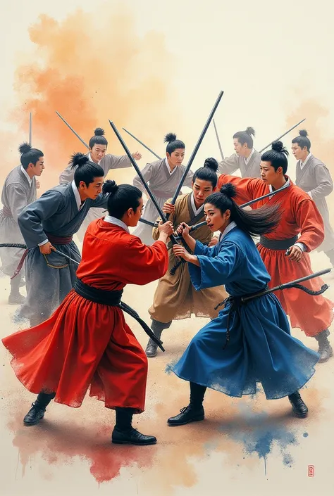 Watercolor painting of Korean men and women fighting together as a group