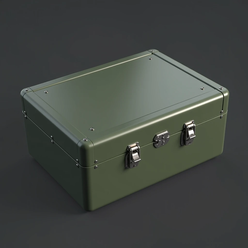 (masterpiece, top quality, best quality, official art,beautiful and aesthetic:1.2),(4K,8k, best quality,masterpiece:1.2),(((white background))), Alone,military green iron box， closed，metal case ，Top view，High-quality texture， clear and accurate constructio...