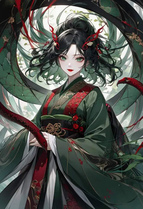 Long black hair with no habits 。 dark green eyes that shine mysteriously 。Red pattern on outer corner of eye。 eyes like a snake 。 a beautiful girl with a long, cool, dark green eyes 。appearance 。Alluringな蛇顔の美女。Beautiful。 beauty。 sharp, cool, deep green eye...