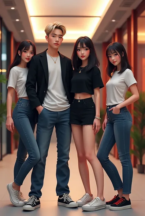 a typical Asian guy with short blond hair wearing a white t-shirt black jacket jeans shoes posing with a smiling shoulder-haired woman wearing a black t-shirt miniskirt shoes in company with two girls next to him wearing cool t-shirt jeans and shoes with c...