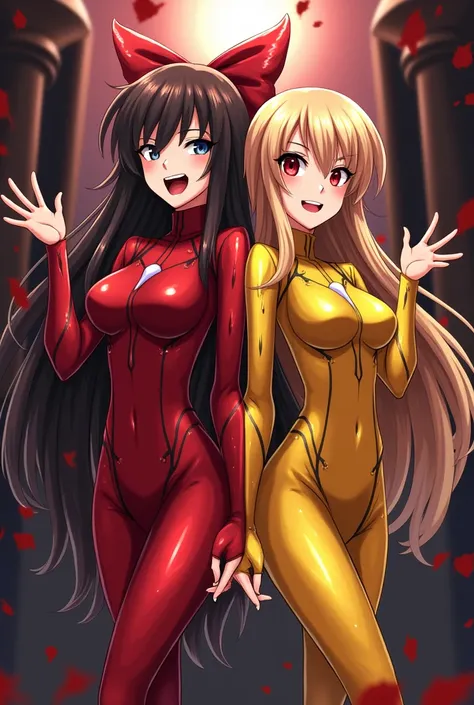  Reimu Hakurei and Marisa Kirisame in anime-style Venom suits have long blonde hair、Reimu has long brown hair and a big red ribbon 、They are drowning in the power they have gained and the villains smile 、Posing、 She rules everything in this world 、Marisas ...