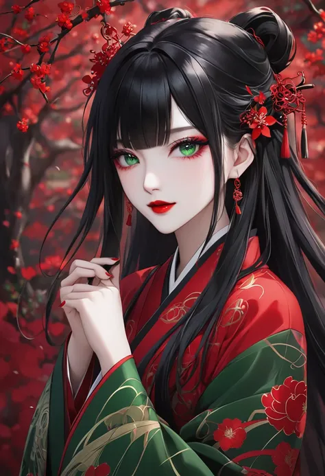 Long black hair with no habits 。 dark green eyes that shine mysteriously 。Red pattern on outer corner of eye。 eyes like a snake 。 a beautiful girl with a long, cool, dark green eyes 。appearance 。Alluringな蛇顔の美女。Beautiful。 beauty。 sharp, cool, deep green eye...