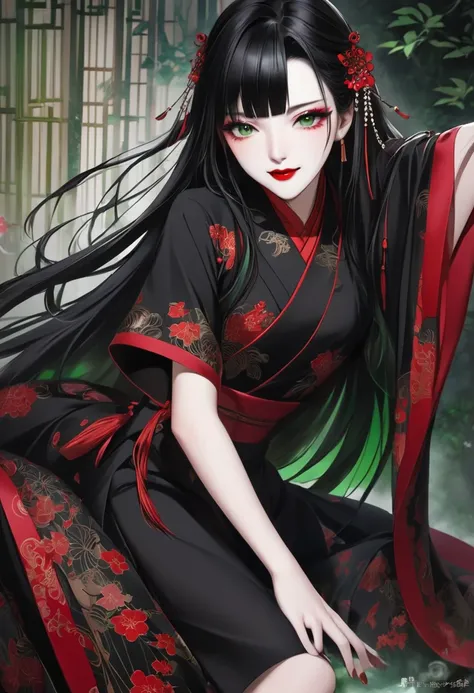 Long black hair with no habits 。 dark green eyes that shine mysteriously 。Red pattern on outer corner of eye。 eyes like a snake 。 a beautiful girl with a long, cool, dark green eyes 。appearance 。Alluringな蛇顔の美女。Beautiful。 beauty。 sharp, cool, deep green eye...