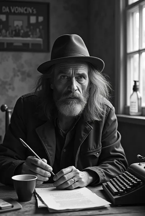 Charles Bukowski, Old Room, Cup of Coffee, Cigarette, Paper, Typewriter, Young, Long Hair, Disturbed Face, Beardless Face, Art Space, Workbench, Old Chair, Old, Da Vincis Last Supper Sign on Wall Picture in Low Color, Detail from 1900, Wooden Chair, Black ...