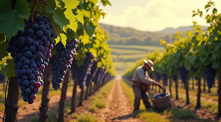 Create a photo of a grape garden with many large and beautiful bunches of grapes. The farmer is harvesting the grapes below (the top of the photo has large bunches of grapes).