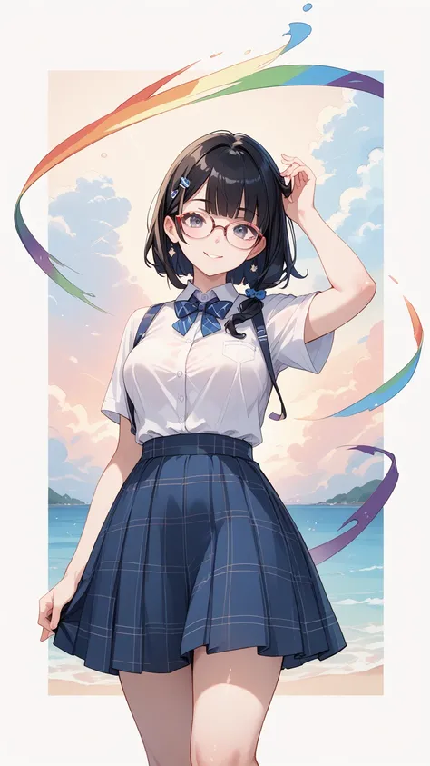 Black hair, glasses, looking at the rainbow sky