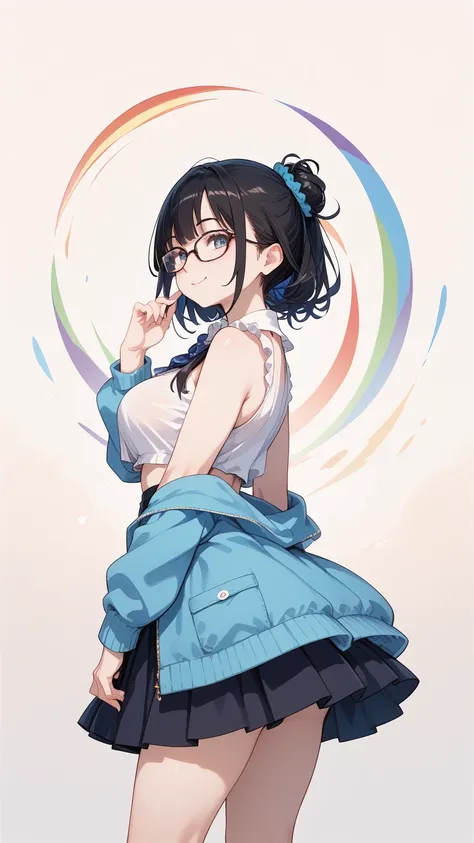 Black hair, glasses, looking at the rainbow sky