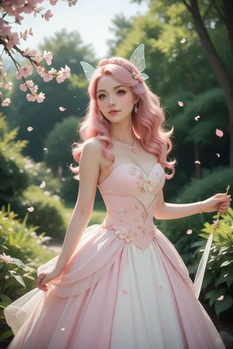  A fairy with curly pink hair and pink eyes in a ponytel looks at the camera in a dynamic pose angrily chasing、The hill where cherry blossom petals dance 、 A beautiful fairy woman with a well-groomed face is wearing a dress in a fantasy costume 